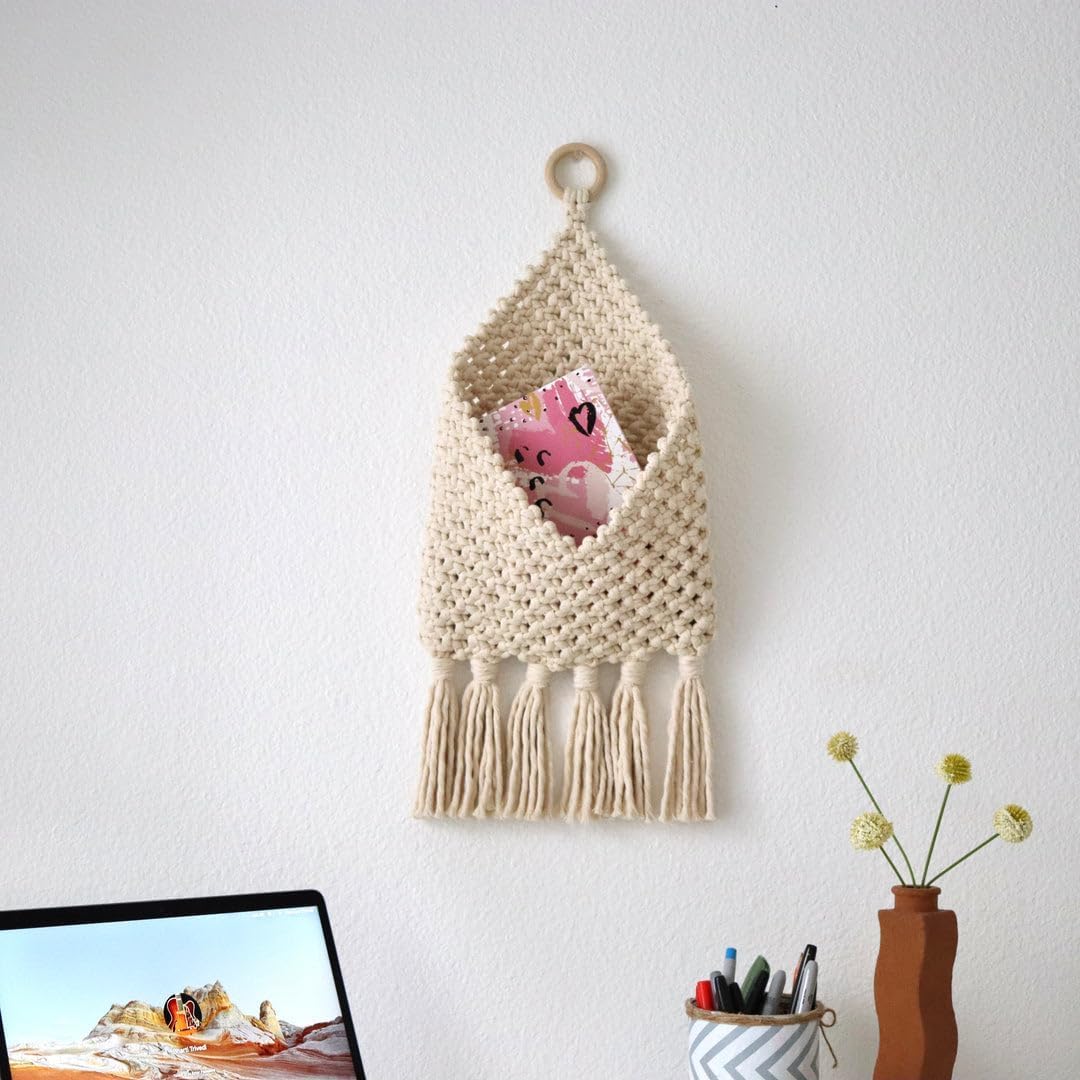 Macrame Hanging Wall Organizer, Boho Storage Pocket with Tassels and Wood Ring, Natural Cotton, 9.9 x 26.8 in