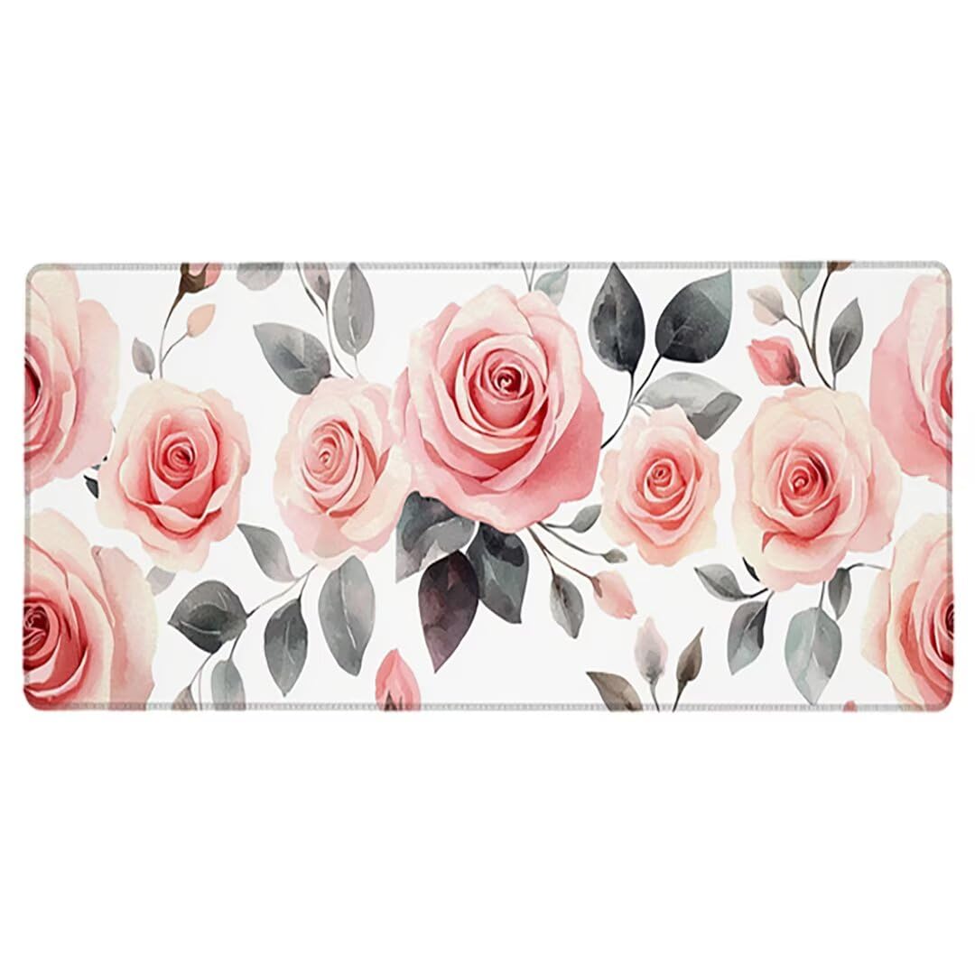 Podkładka pod mysz XXL Flower - 1400x600x3mm - Biała duża mata na biurko z przeszytymi krawędziami i antypoślizgowa wodoodporna do komputera, laptopa poprawia precyzję i szybkość. -35518