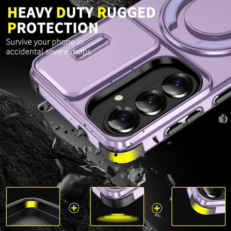 Image of LuxuryKase Shockproof Rugged Case for Samsung Galaxy S26 Plus | Slide Camera Cover | 360 Rotating Ring Kickstand | Military-Grade Protection - Lavender Purple