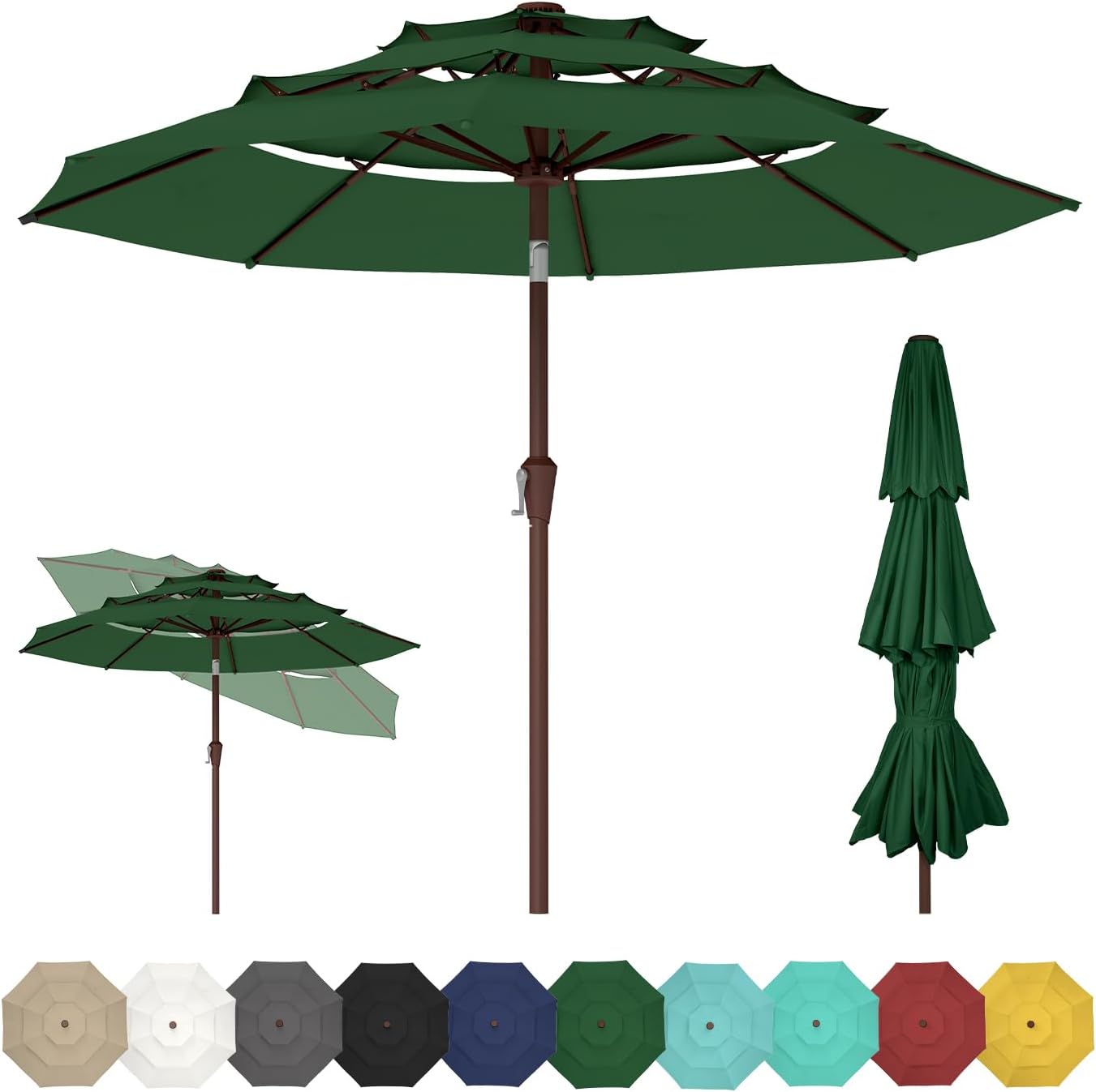 GREENVINES 3-Tier 9-FT-Patio-Umbrella | Outdoor-Table-Umbrellas | 8 Sturdy Fiberglass Ribs | Push Button Tilt & Crank | Waterproof | Market Umbrella | for Pool Backyard Garden Deck | Forest Green