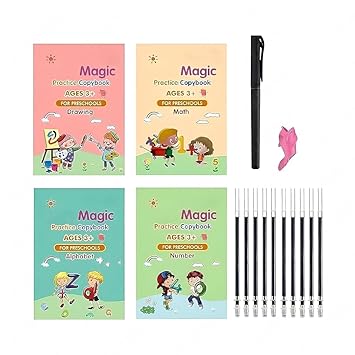 Practicebook (4 BOOK +1 PEN + 10 REFILL) Number Tracing Book for Preschoolers with Pen,Magic Copybook Set Practical Reusable Writing Tool (Maths+Drawing+Alphabet+Number)