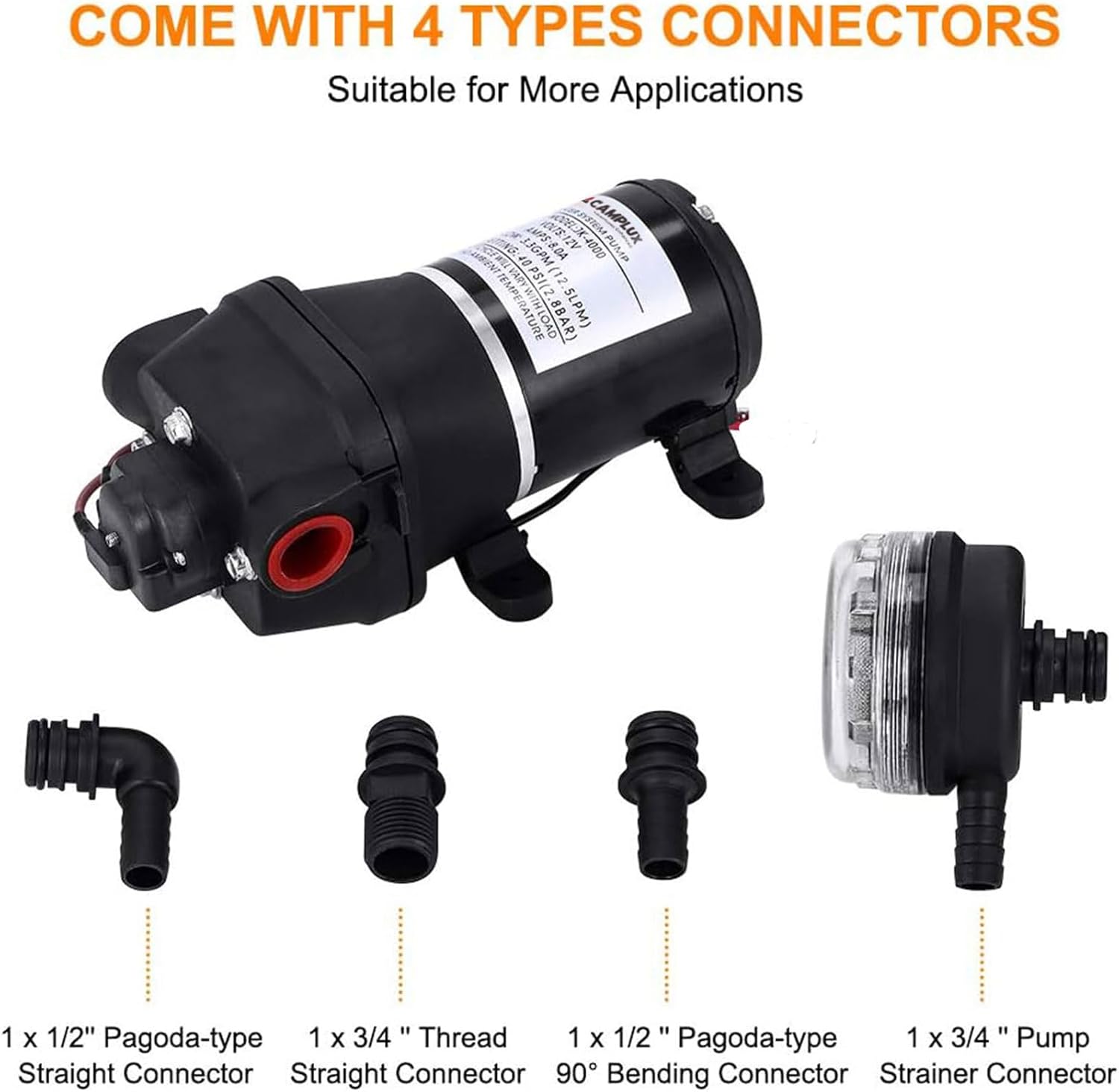 CAMPLUX DC 12V Water Pump with Strainer Filter, Self-Priming, 3.3 GPM Diaphragm Pump for RV, Caravan, Boat