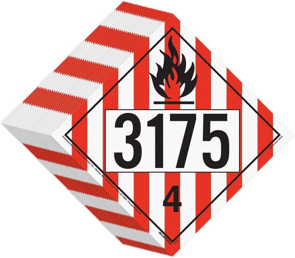 J. J. Keller & Associates, Inc. 3175 Hazmat Placard Division 4.1 Flammable Solid, UN 3175 DOT Compliant, Hazmat Shipping Label, 10.75" x 10.75", Vinyl Permanent Adhesive, 25 Pack
