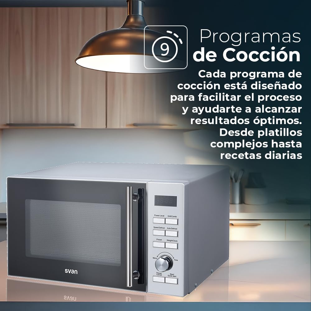 Svan Microondas 25 Litros Cerámico Inox SMWC25900DGN. 900W, 9 Programas, Modo Descongelación, Revestimiento Interior, Fácil Limpieza, Temporizador 95min.