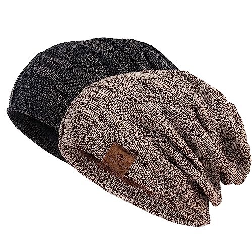 KSdeal Men's Slouchy Beanie - Oversize Baggy Cable Knit Hat, Warm Lined, Black, One Size Fits Most