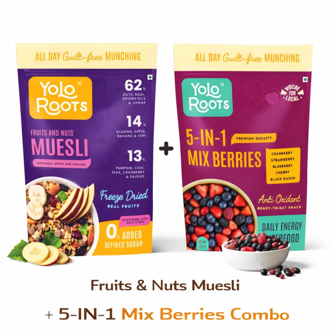Yolo Roots Fruits & Nuts Muesli 400g & 5-in-1 Mix Berries 200g Combo, No Added Sugar, High Fiber Breakfast Cereal & Antioxidant Rich Dry Fruits, Healthy Snack with Oats (Pack of 2) 3
