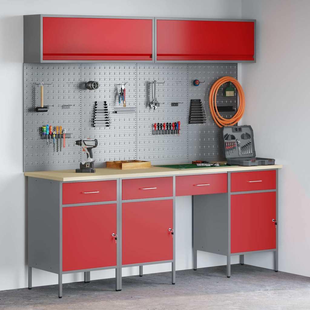 Zestaw szafek roboczych z szufladami, szafka na narzędzia ze stali malowanej proszkowo i drewna inżynieryjnego, 10-częściowy, 200 x 55 x 200 cm, czerwona, do warsztatu, garażu i wewnątrz