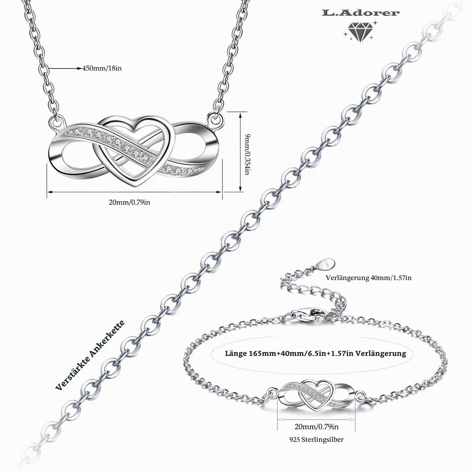 Schmuckset Silber 925 Damen,Halskette Armband Unendlichkeit Herz,Geschenke für Frauen