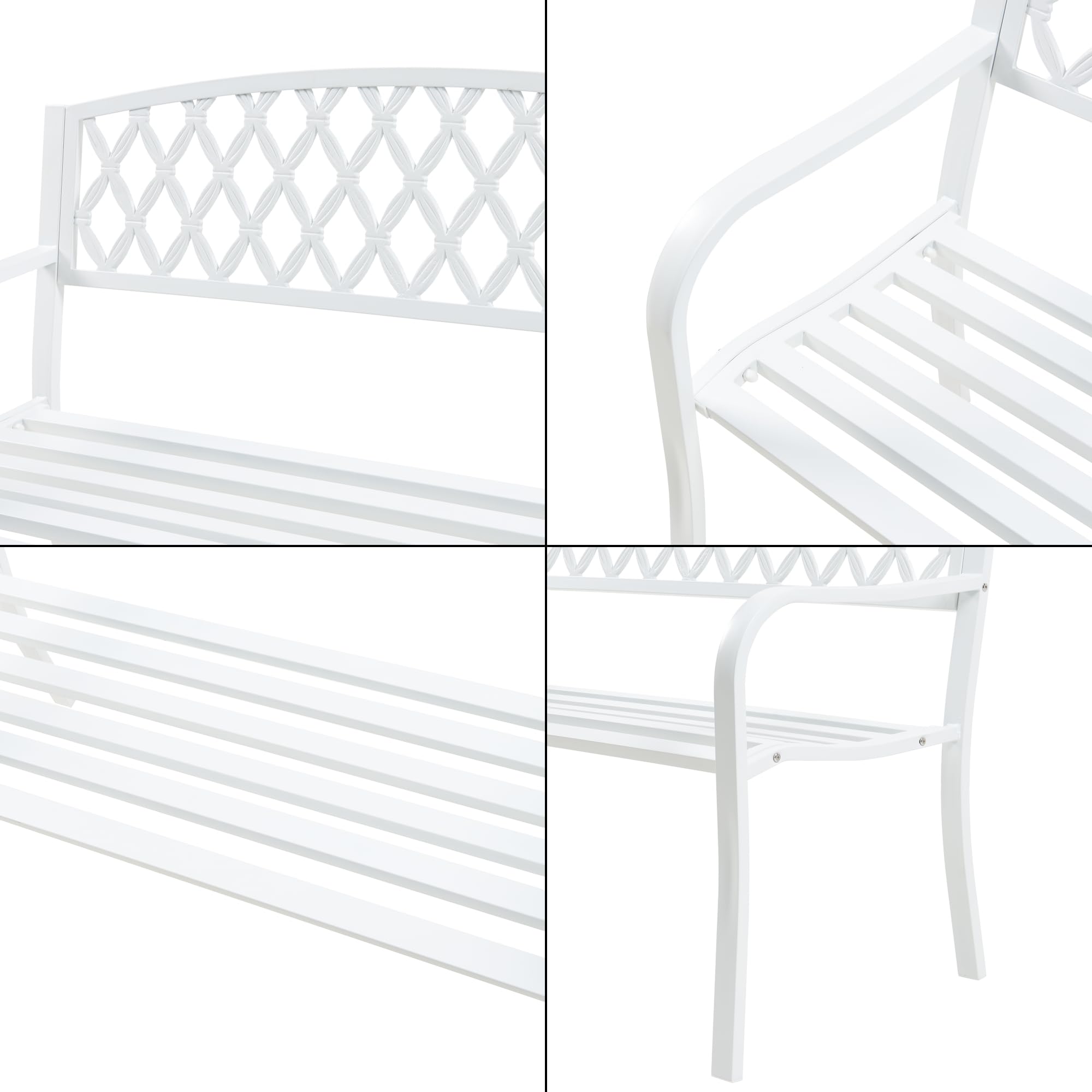 casa.pro Gartenbank Opsasar Weiß für 2-3 Personen Stahl 127 x 54 x 88 cm Gartenmöbel Sitzbank mit Rückenlehne witterungsbeständige Bank für Außenbereich