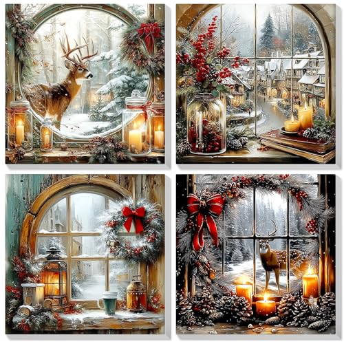 Lxmsja 4 Pack Weihnachten Malen Nach Zahlen Erwachsene Kinder mit Rahmen Malen Nach Zahlen Hirsch Diy Set Erwachsene Handgemalt Ölgemälde Leinwand Geschenke für Home Décor 20x20cm