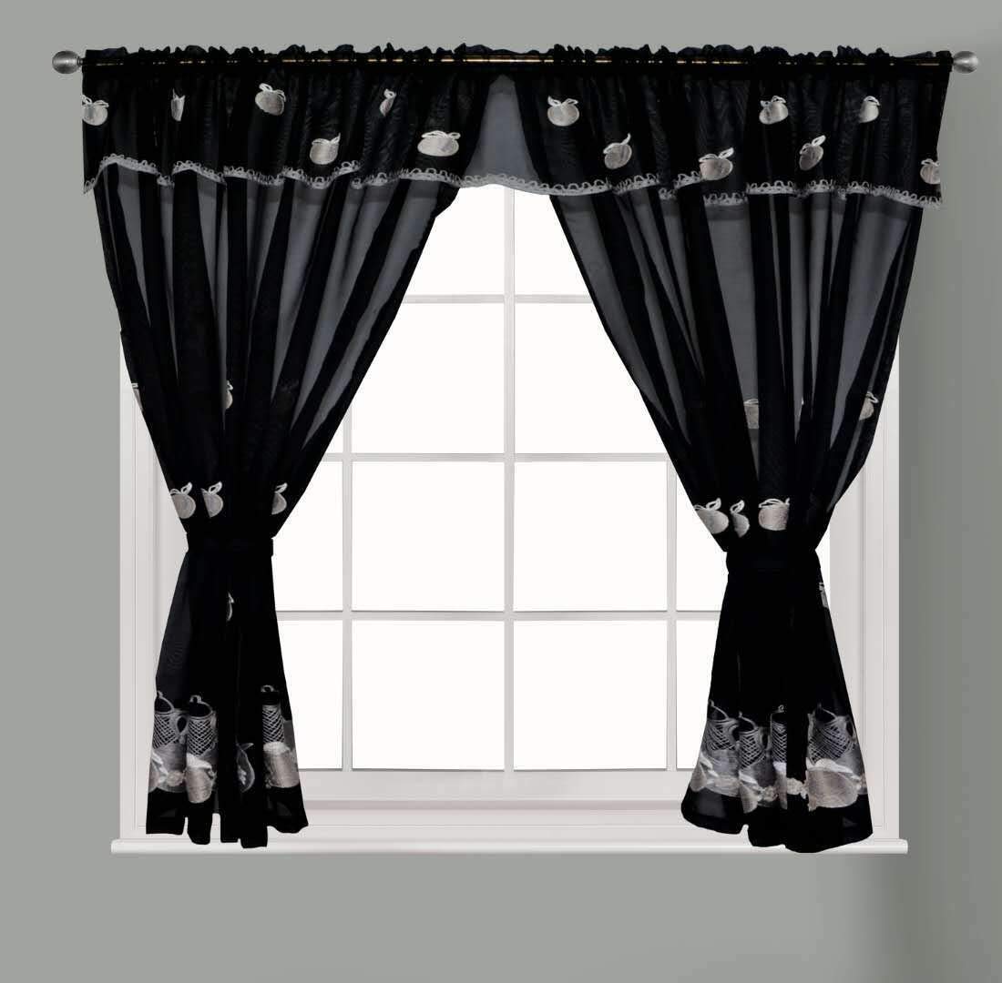 Householdfurnishing Embroidered Kitchen Window Pair Curtains Set Rod Pocket with Attached Valance & Tiebacks (Black, W 48 x L 54 Inch)