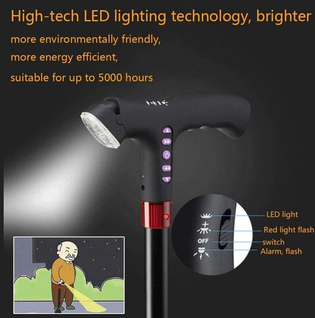 Stampelle telescopiche Antiscivolo Stampelle con Bastone da Passeggio Altezza Regolabile Ascolto Illuminazione a LED Stampelle Portatili Caduta Funzione di Allarme Automatico Deambulatore con Canna
