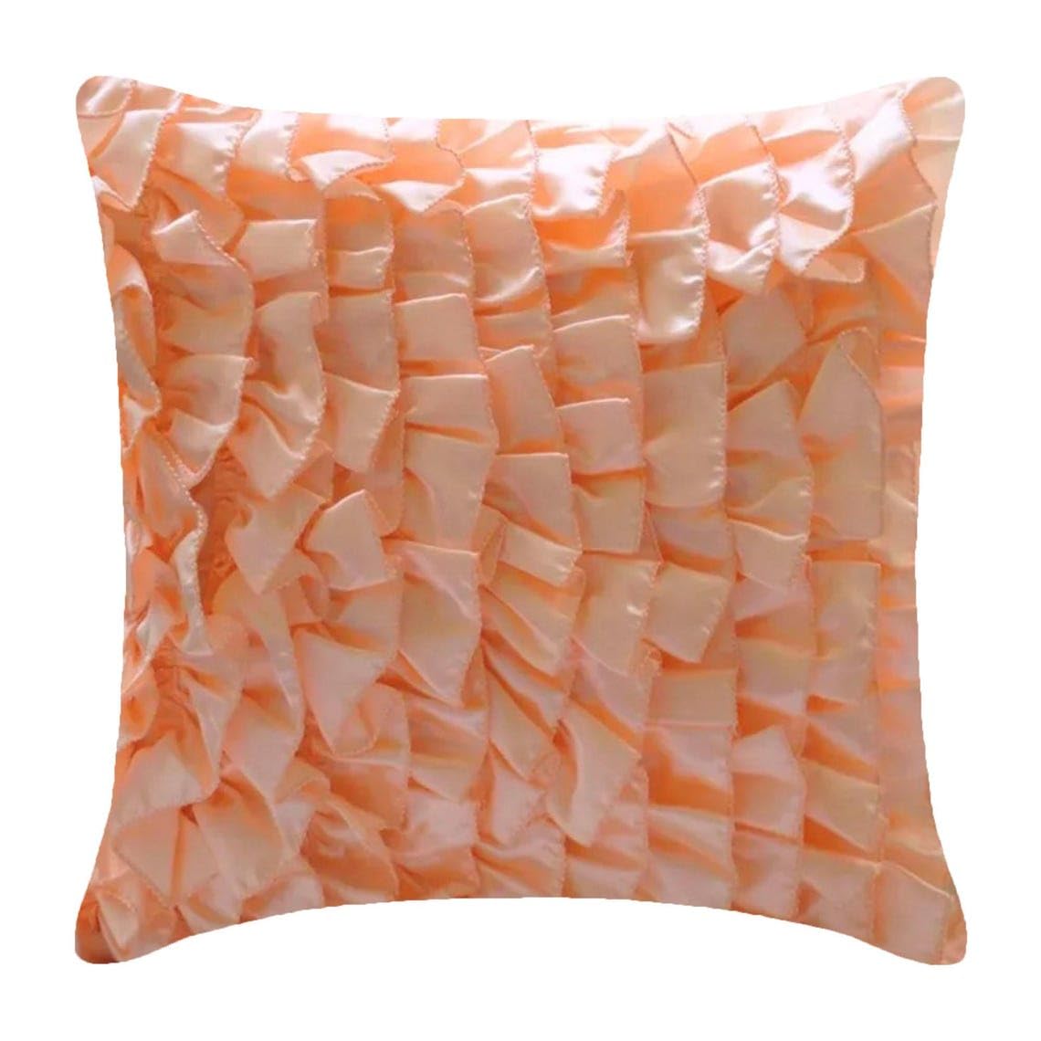 The HomeCentric Peach Cushion Cover, Vintage Style Ruffles Shabby Chic Throw Pack of 2, 40x40 cm (16x16 inch) Cushion Cover, Satin Cushion Cover, Solid Contemporary, Solid Color - Vintage Peach Sorbet