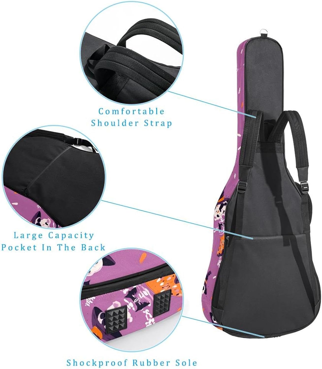 40 41 42 Inch Acoustic Guitar Bag, 0.4 In Thick Sponge Padded Guitar Case Gig Bag with Back Hanger Loop and 2 Pockets, Cute Dancing Skeleton Seamless Pattern