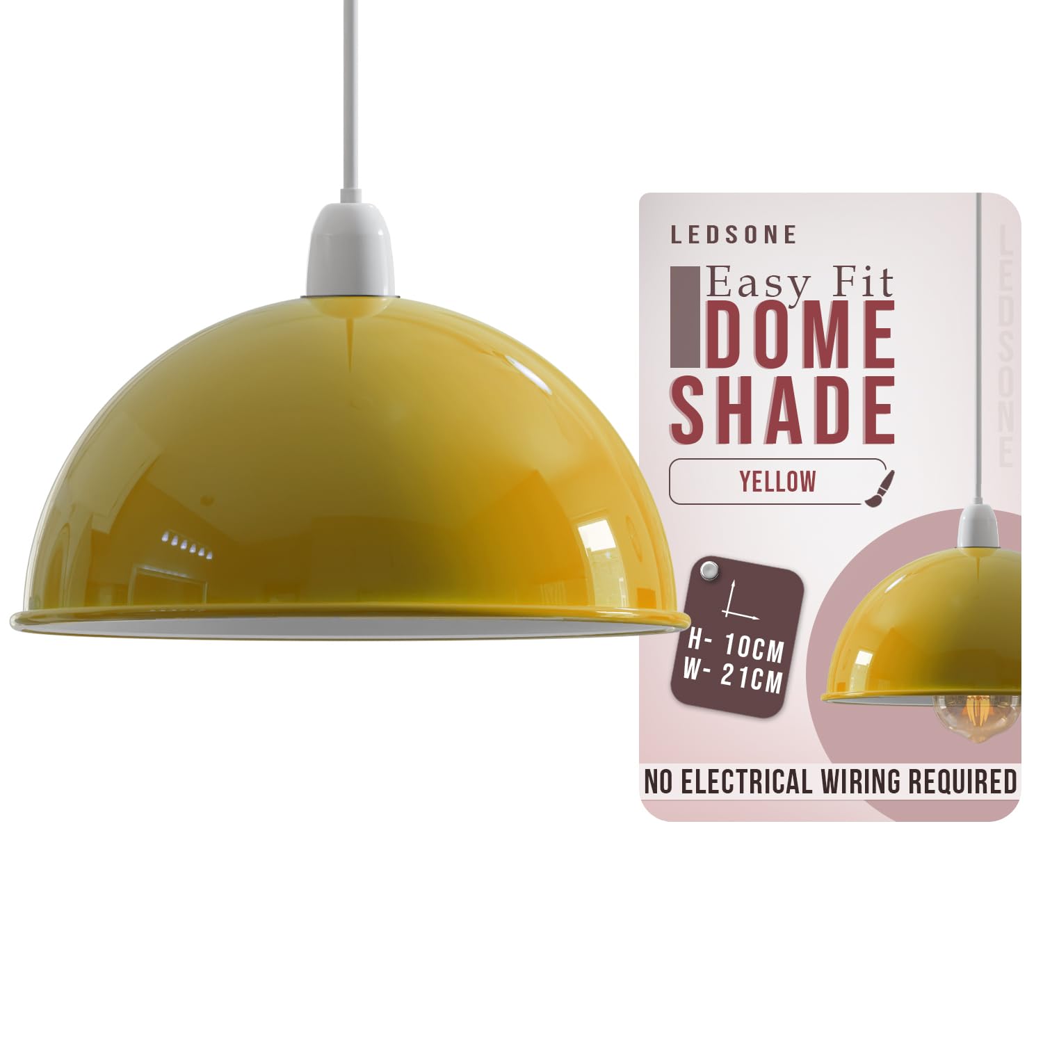 Ledsone Yellow Modern Dome Pendant Lamp Shade – 21Cm Industrial Metal Ceiling Light Shade Easy Fit For Kitchen, Bedroom, Living Room, Dining Room, Hallway, Restaurant And Café