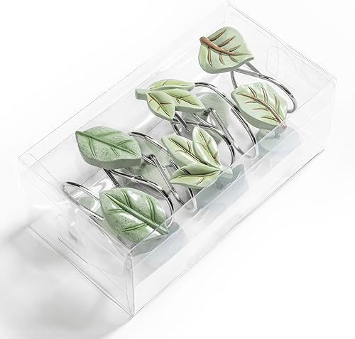 Miniatura 5 de Gibelle Ganchos decorativos para cortina de ducha, 12 piezas de hojas de plantas verdes, ganchos decorativos de metal a prueba de óxido, bonitos