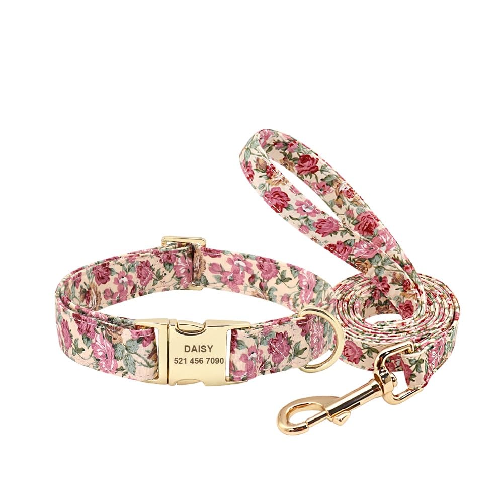 Conjunto De Correa Y Collar para Perro con Estampado De Nailon,Collar Personalizado para Perro,Placa De Identificación con Etiqueta para Perros Pequeños Y Medianos,Rosa,Metro