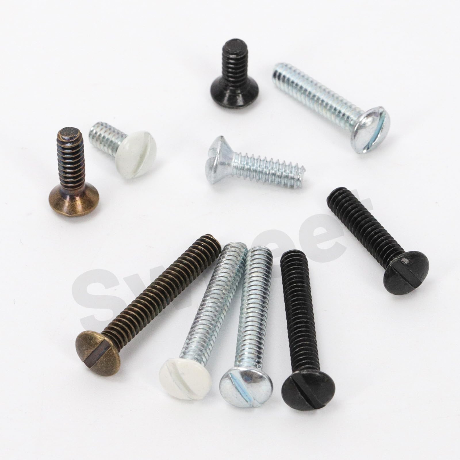 Swpeet 320 szt. 4 rozmiary # 6-32 gwint 3/8" 1/2" 3/4" 1" zestaw śrub do płytek ściennych, 4 kolory srebrny/czarny/brąz/kość słoniowa owalna śruba wyjściowa z łbem wtykowym