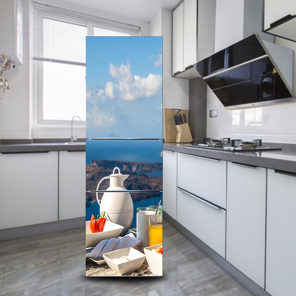 Fridge Sticker, Fridge Sticker Full Covering Door Covers Decor, Freezer Skins Wall Stickers for Kitchen Decal, Mediterranean Scenery Terrace Table(M: 60x180 cm)