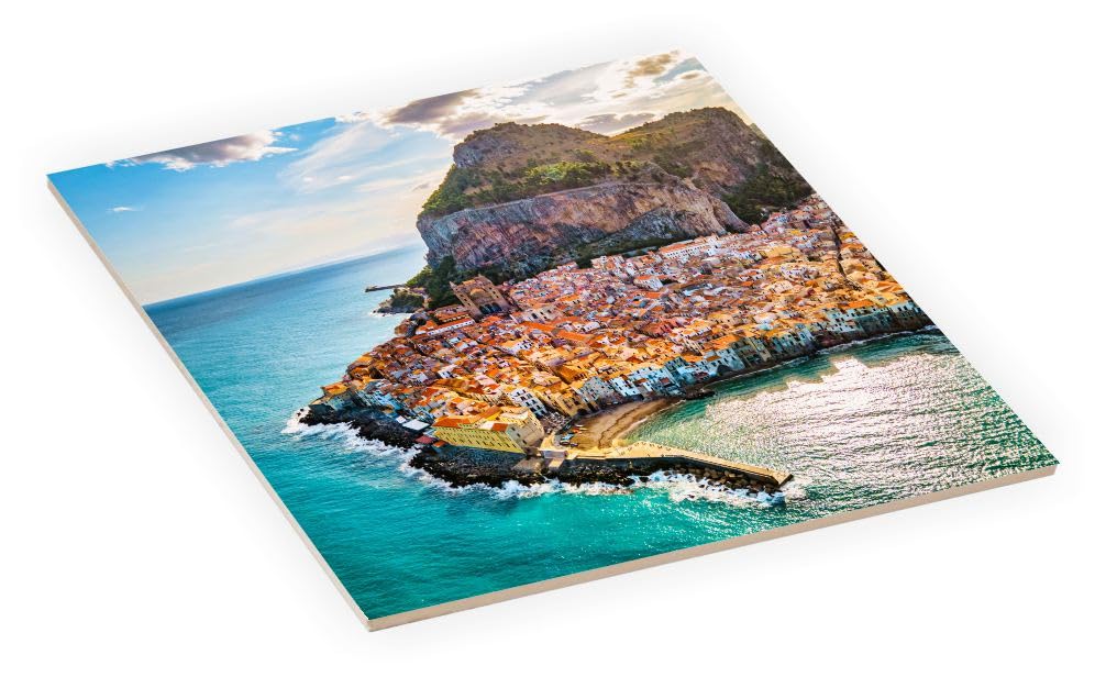 Island Gifting 8 Inch Square Decorative Ceramic Tile (Art) for Wall or Decor Featuring Image of Cefalu Medieval Village of Sicily Island Province of