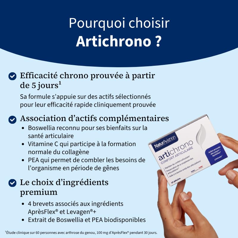 Artichrono | articulation | réduction des gênes à partir de 5 jours | action rapide | boswellia | PEA | Vitamine C | 4 brevets | Fabriqué en France | 30 gélules | Laboratoire NaturAvignon