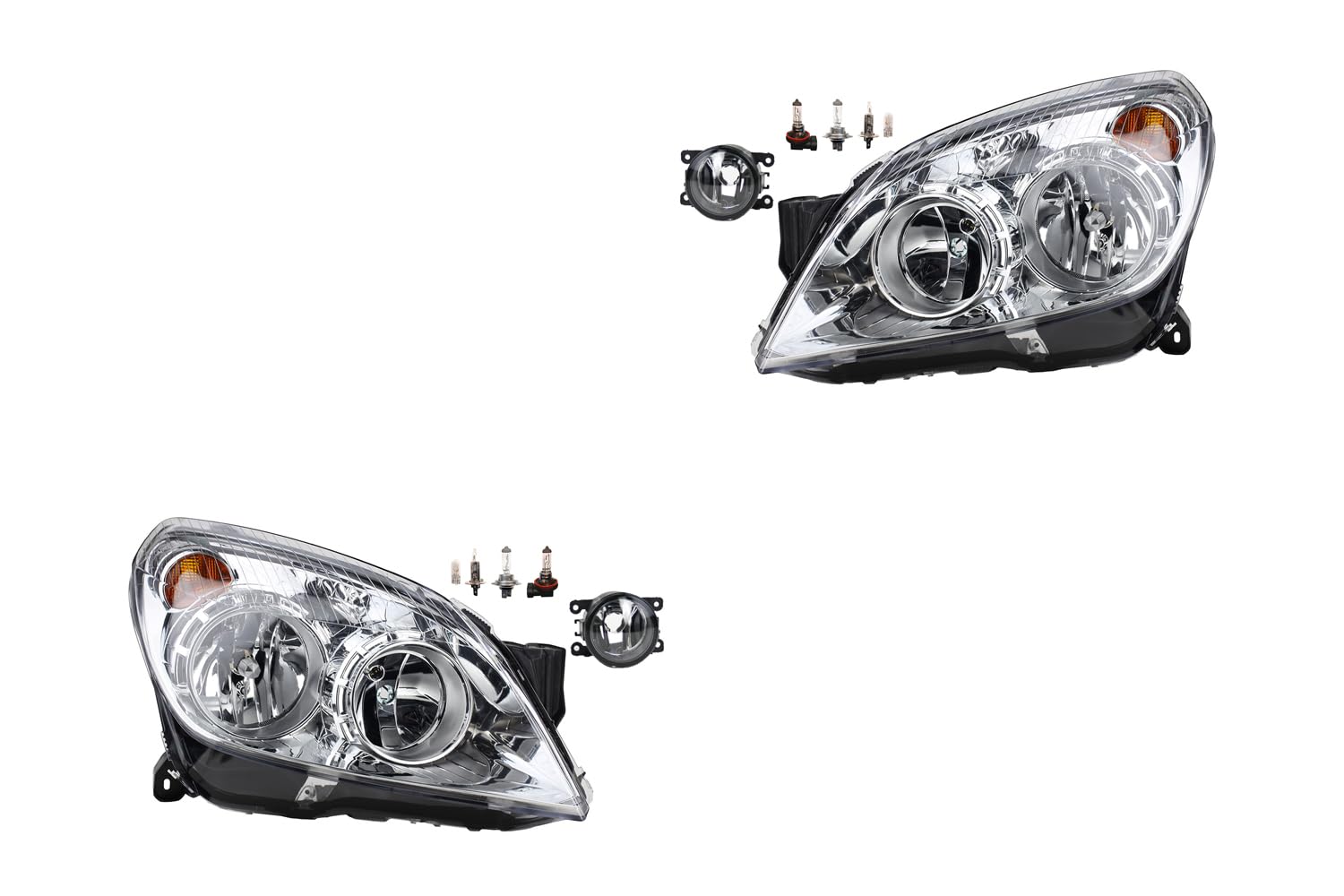 Johns, Set di fari alogeni anteriori adatti per Opel Astra H 03/2004 – H7 H1 sinistra e destra + fendinebbia + lampadina