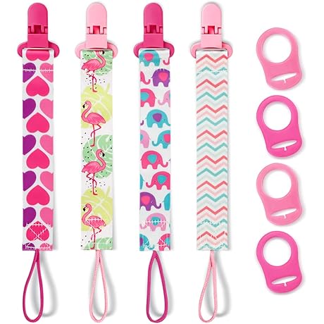 4 Pack Pacifier Clips for 0-6 Months Old Girls, Adapters for Most Pacifiers, Teething Toys