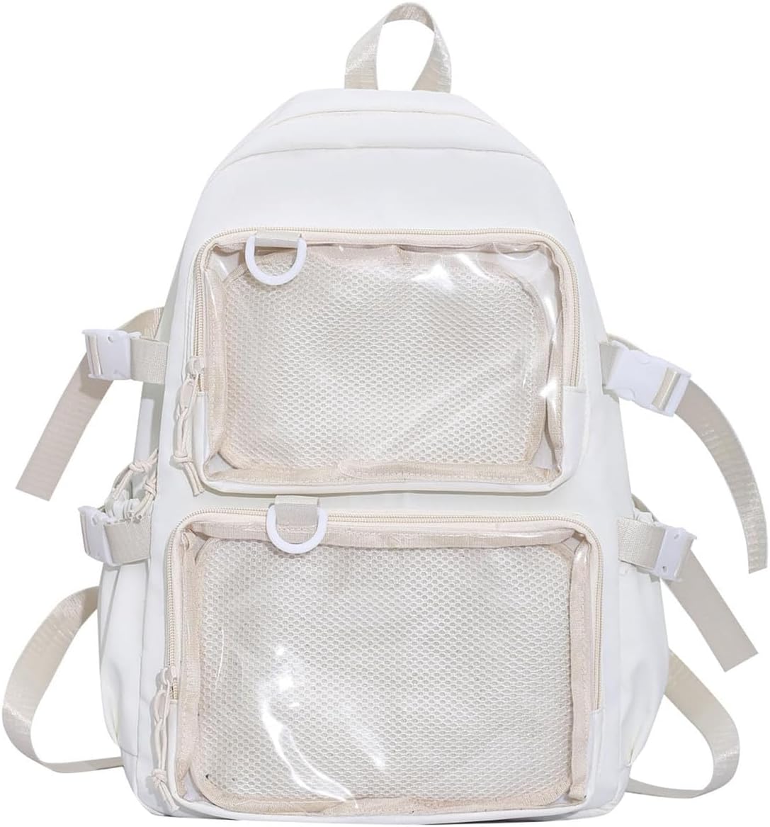 A large-capacity nylon backpack with a transparent display bag and adjustable shoulder straps, it is a casual daily-use bag.