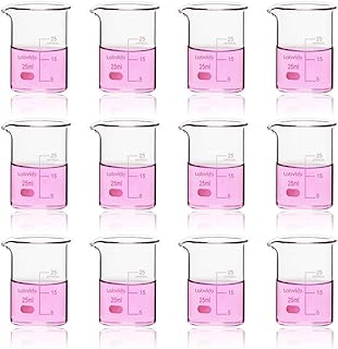 Labvida 12pcs of Glass Beakers Shot Glass, Vol.25ml, 3.3 Borosilicate Griffin Low Form with Printed Graduation, LVA001