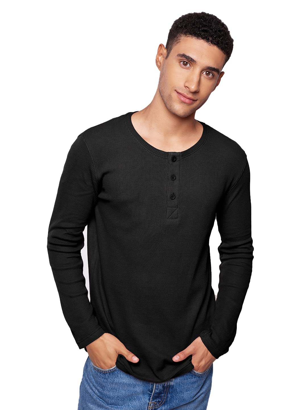 The Souled StoreMen Waffle Henley: Black Solid Henley T-Shirts