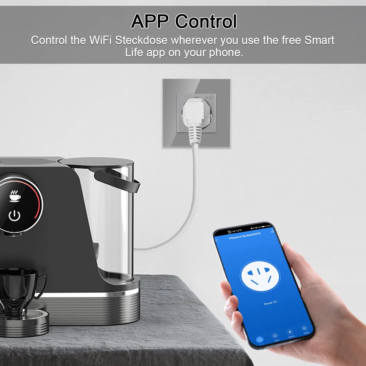 CNBINGO Enchufe Schuko con medición de corriente, 16 amperios, funciona con Alexa(Echo, Echo Dot), Google Assistant, solo 2,4 GHz WiFi, 1 compartimento, negro, 4 unidades