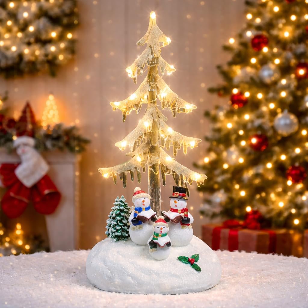 MOMENTS IN TIME Árbol de carámbanos acrílico iluminado por LED de 33 cm de alto con muñeco de nieve, coro de Navidad