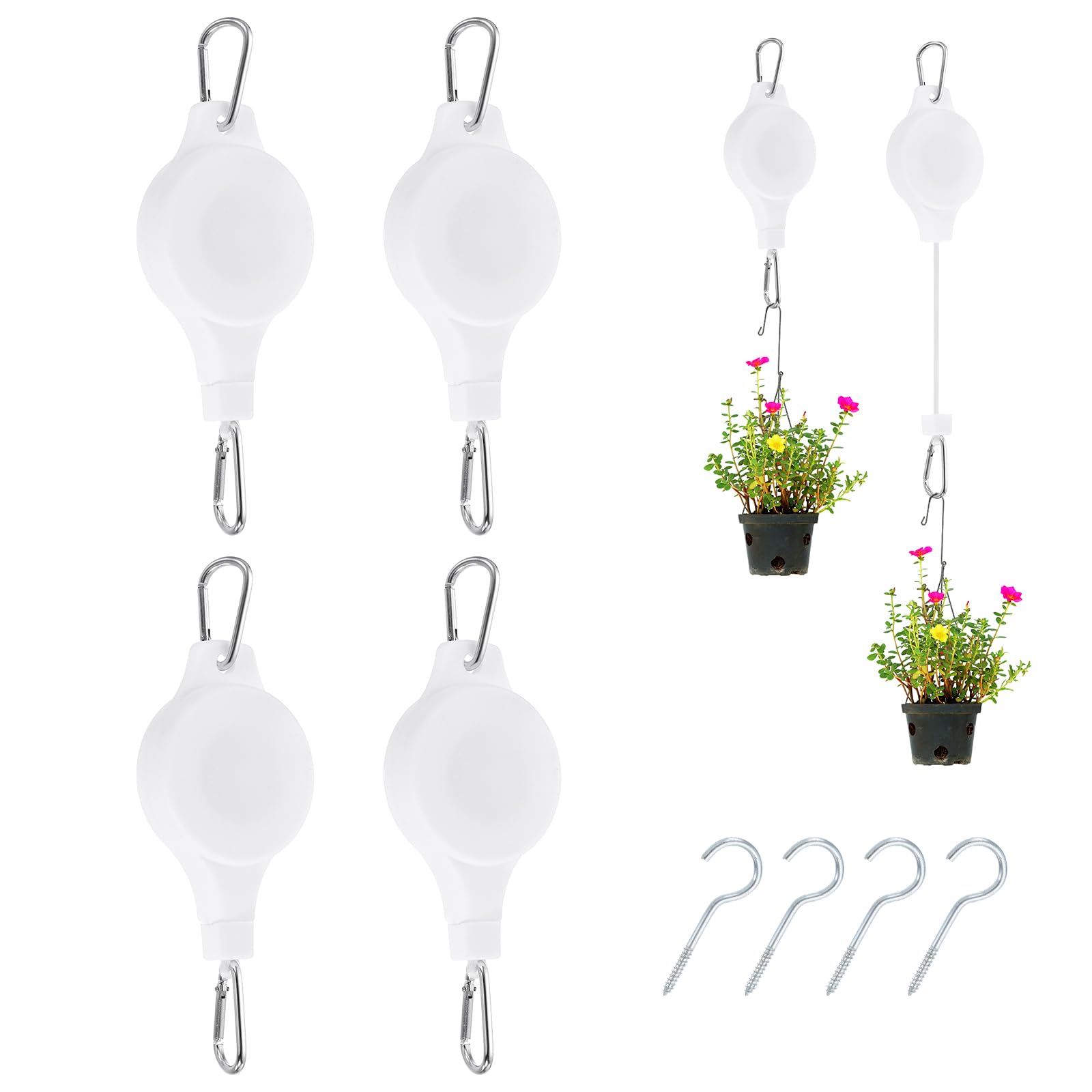 PATIKIL Lot de 4 poulies rétractables pour plantes, paniers de fleurs, crochets de plafond réglables avec clip en D pour paniers de jardin, pots et mangeoires, blanc