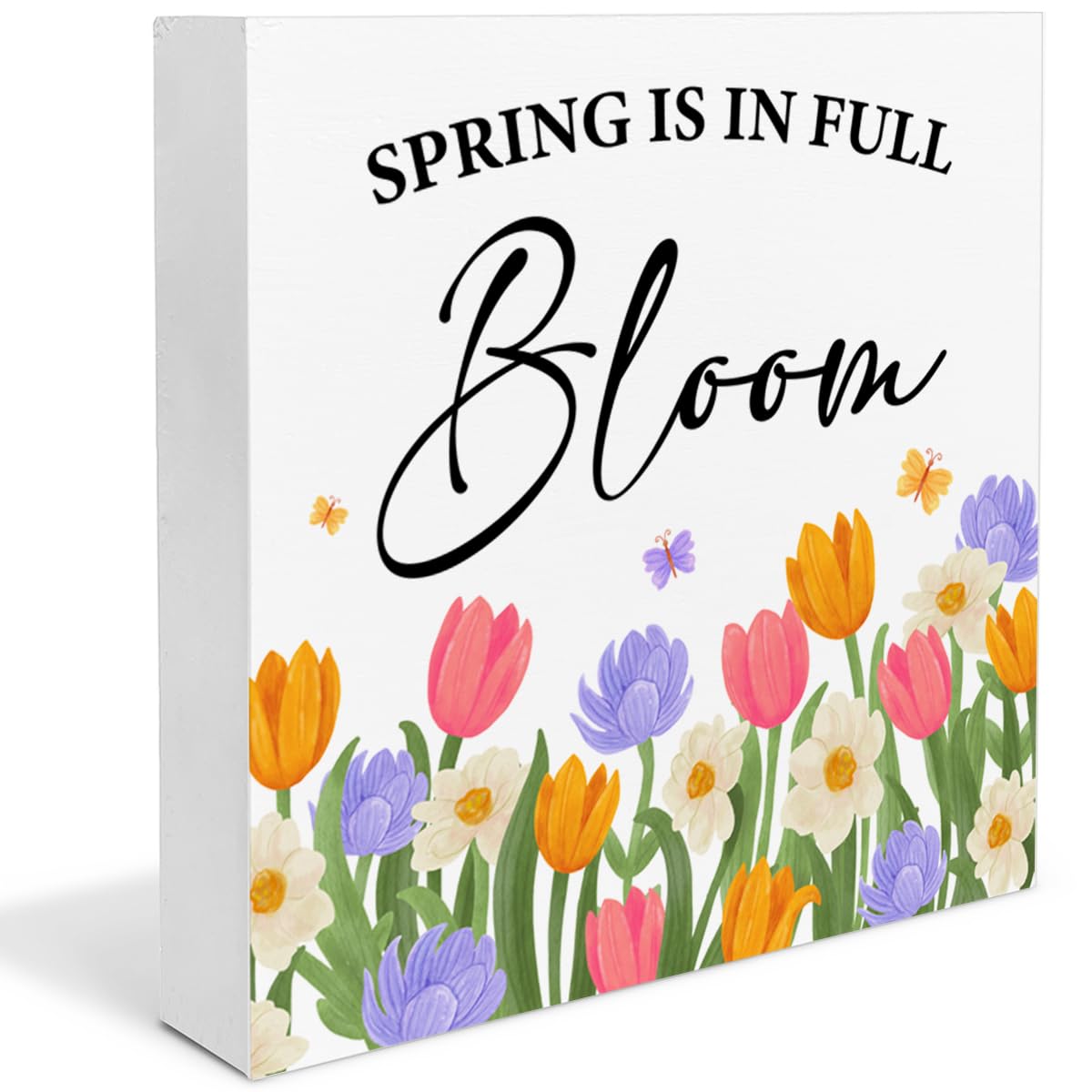 Spring Sign Decor Floral Spring Is in Full Bloom Wood Block Sign Rustic Home Desk Table Shelf Decoration, Spring Gift