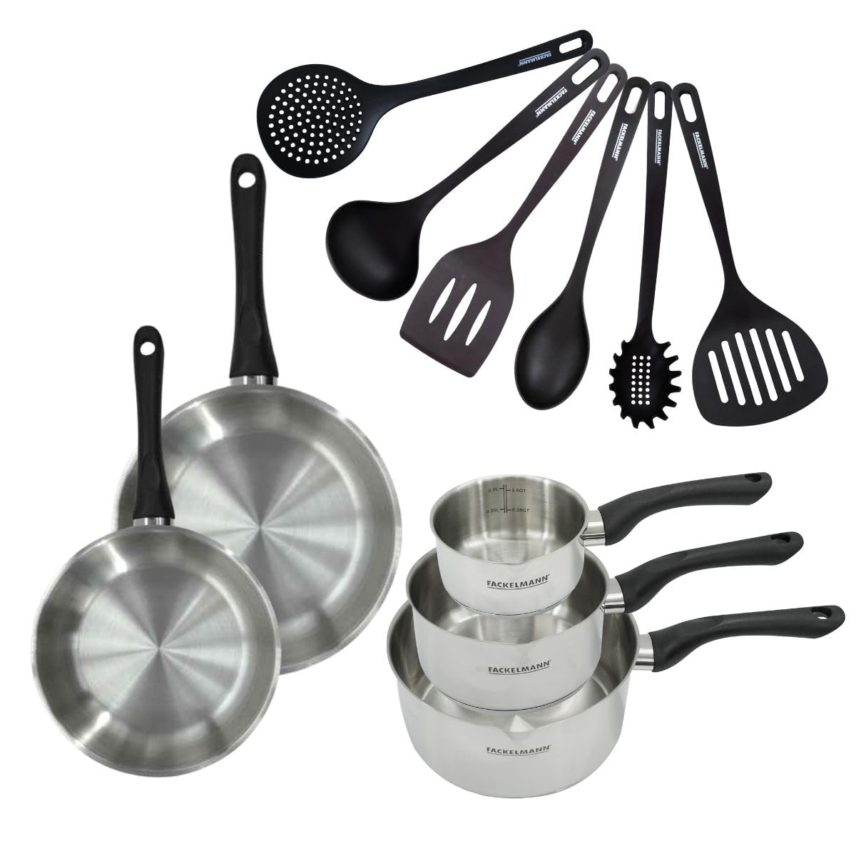 Fackelmann Batterie 2 poêles 20/24 cm, casseroles et ustensiles | 2 poêles 3 casseroles 6 ustensiles, Inox 18/8 pour une cuisson homogène, Poêles Ø20 et Ø24 cm, Sans PFAS