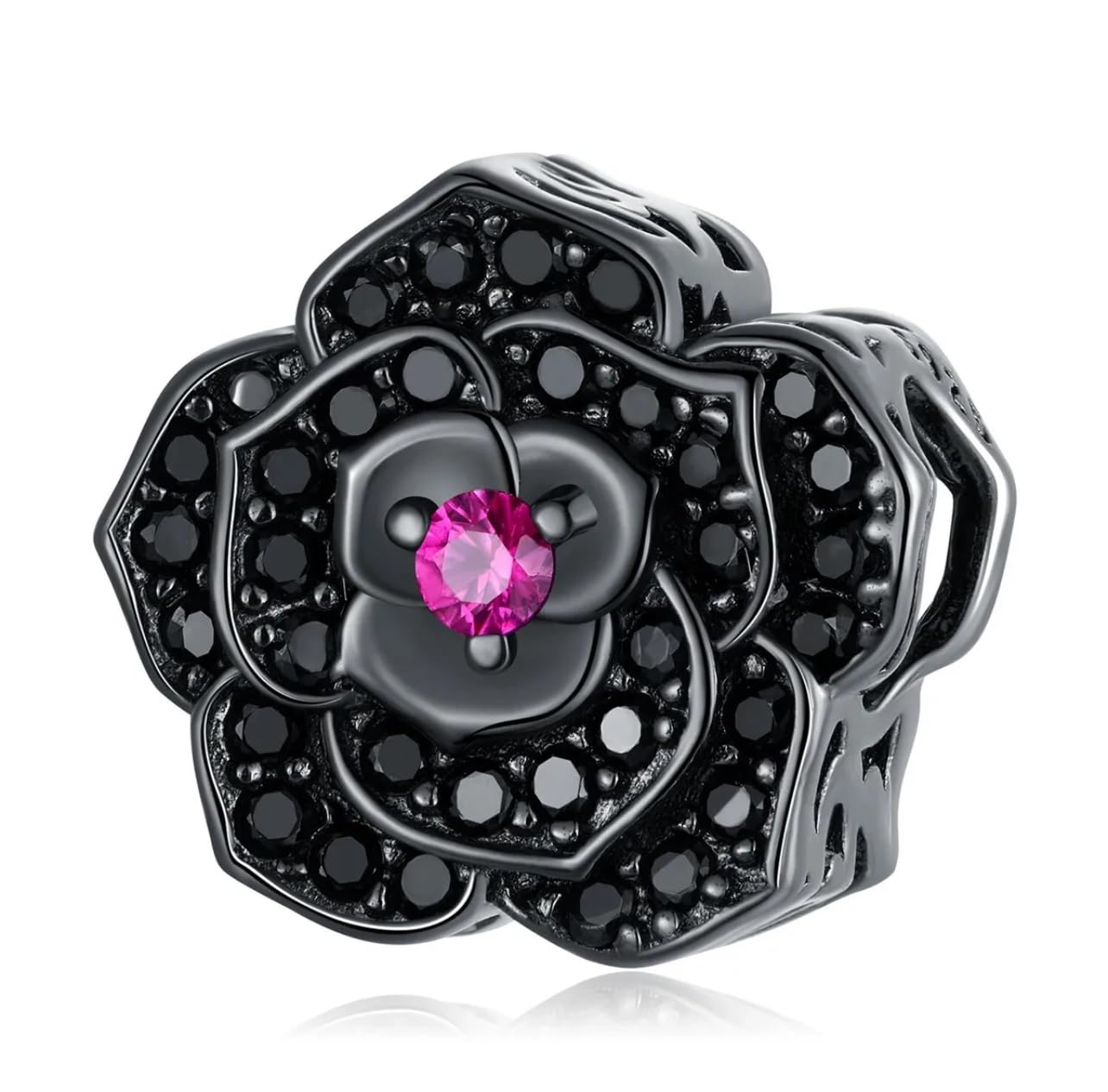 FLXHHX Abalorio de Plata de Ley 925 auténtica con diseño de Flor de Rosa Negra Brillante, Compatible con Pulsera