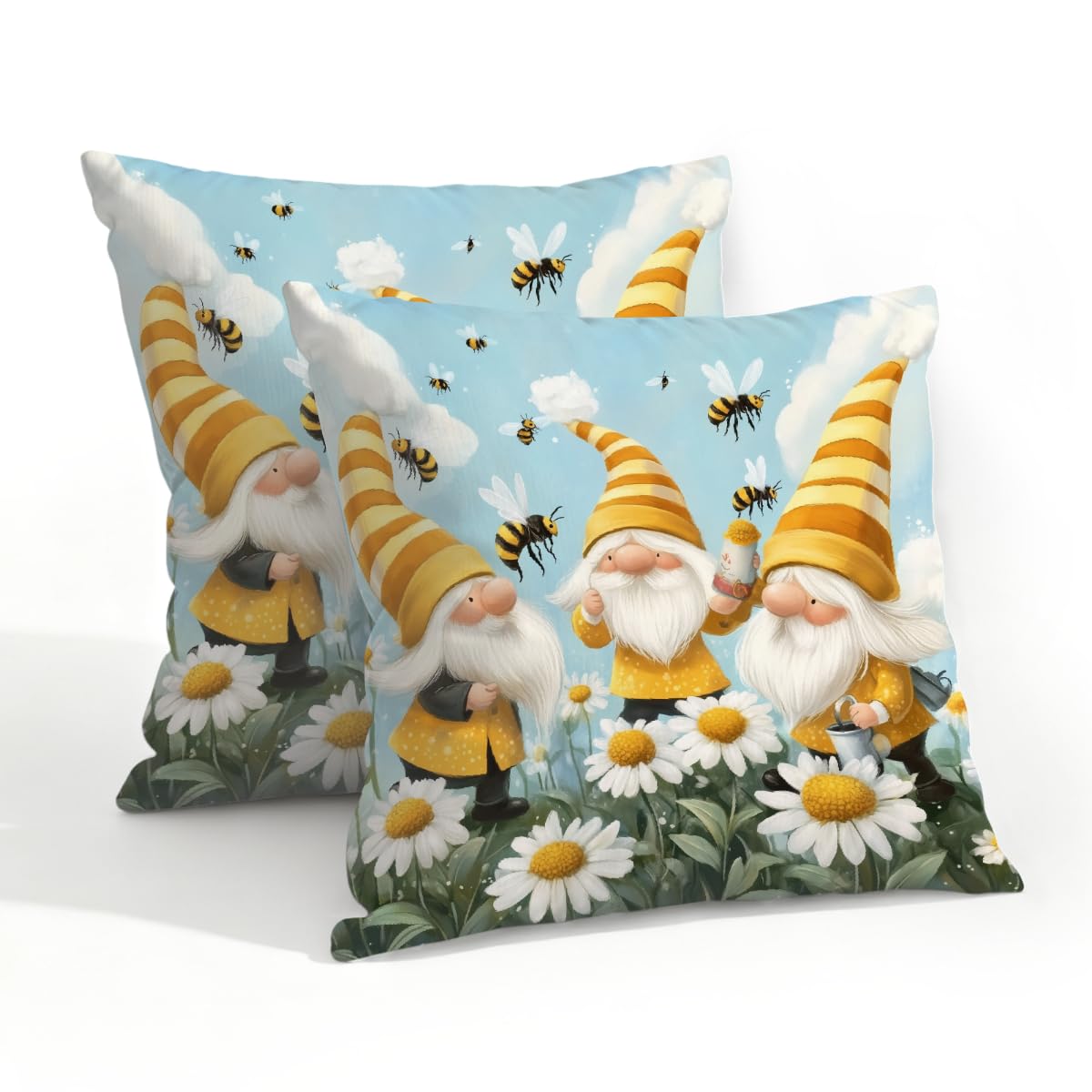 Outdoor Pillow Covers Waterproof Pillowcases 20x20IN Set of 2 Spring Floral Field Bee Dwarf Decorative Throw Cushion Case for Couch Sofa Garden Patio Furniture