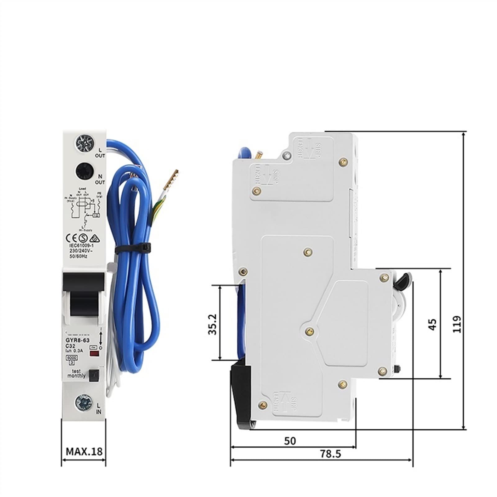 GYR8 elektroniczny wyłącznik różnicowy 18 mm 230 V 1P+N 6 kA z zabezpieczeniem nadprądowym 32 A 10 mA 30 mA, 1 szt. (30 mAh, 20A)