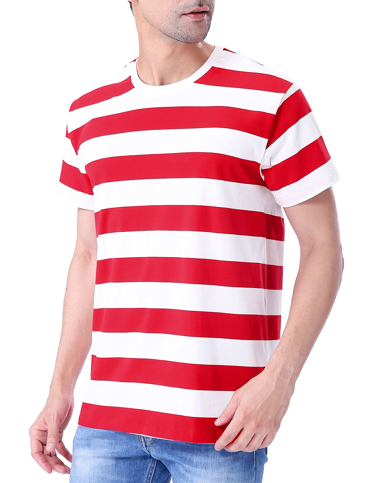 Funny World Men's Cotton Striped T-Shirt Crew Neck Short Sleeves Basic Casual Top