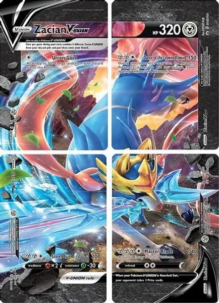 Zacian V-Union - Juego de 4 cartas - SWSH163 - SWSH164 - SWSH165 - SWS166 - Juego promocional de Pokémon Black Star