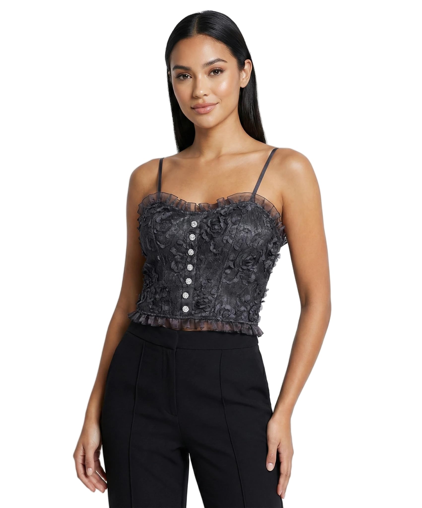 Women's Vintage Black Lace Corset Top, Korean Style Crop Blouse with Crystal Buttons, Spaghetti Straps, Size 28-30 inch-image-31