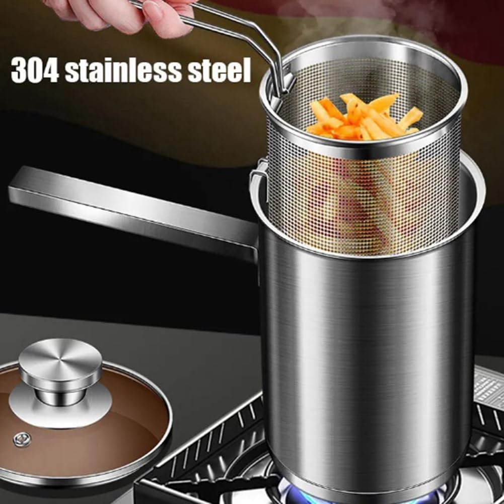 Freidora de acero inoxidable con cesta de drenaje, perfecta para alimentos fritos y cocinar, fácil de usar, duradera, esencial para cocineros caseros