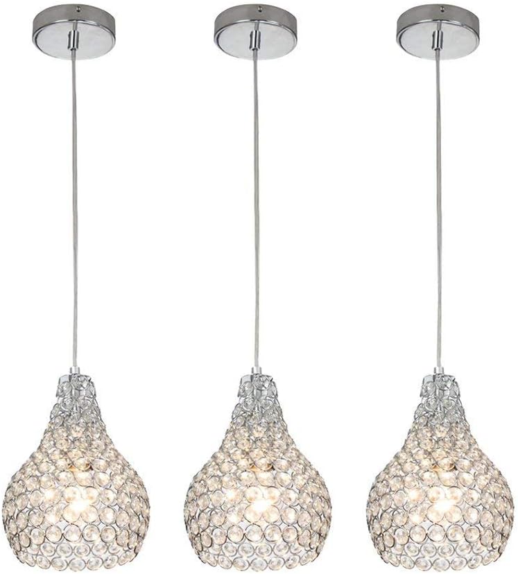 Glanzhaus 3 Lights Silver Round Clear Mini Crystal Pendant Lights, Hanging Chandelier Pendant Light Ceiling Lamp Fixture, Chrome Finish