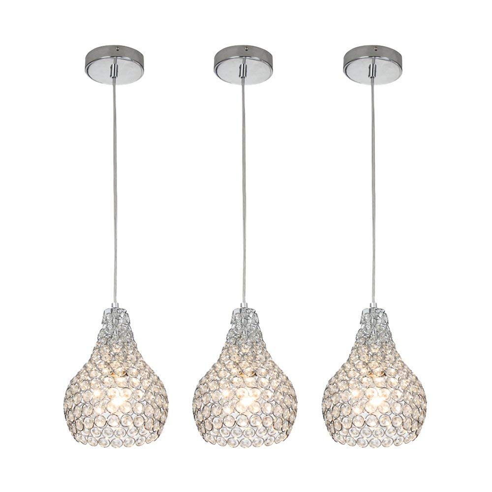 Glanzhaus 3 Lights Silver Round Clear Mini Crystal Pendant Lights, Hanging Chandelier Pendant Light Ceiling Lamp Fixture, Chrome Finish