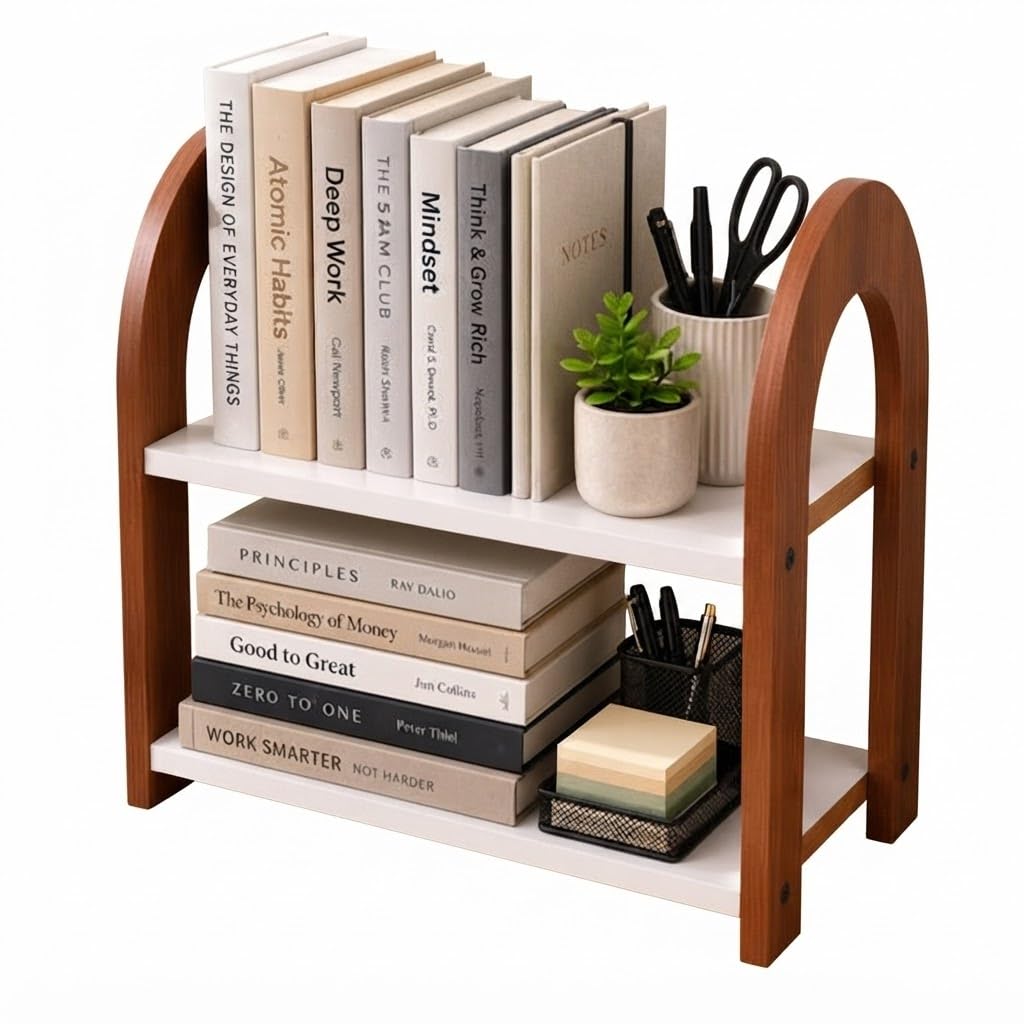 2-Tier Wooden Bookshelf Organizer for Desk, Tabletop Book Rack with Storage Shelves, Desktop Bookcase for Books, Study Room, Home & Office Organizer, Rustic Red-White (12 x 10 Inch)-picture-15