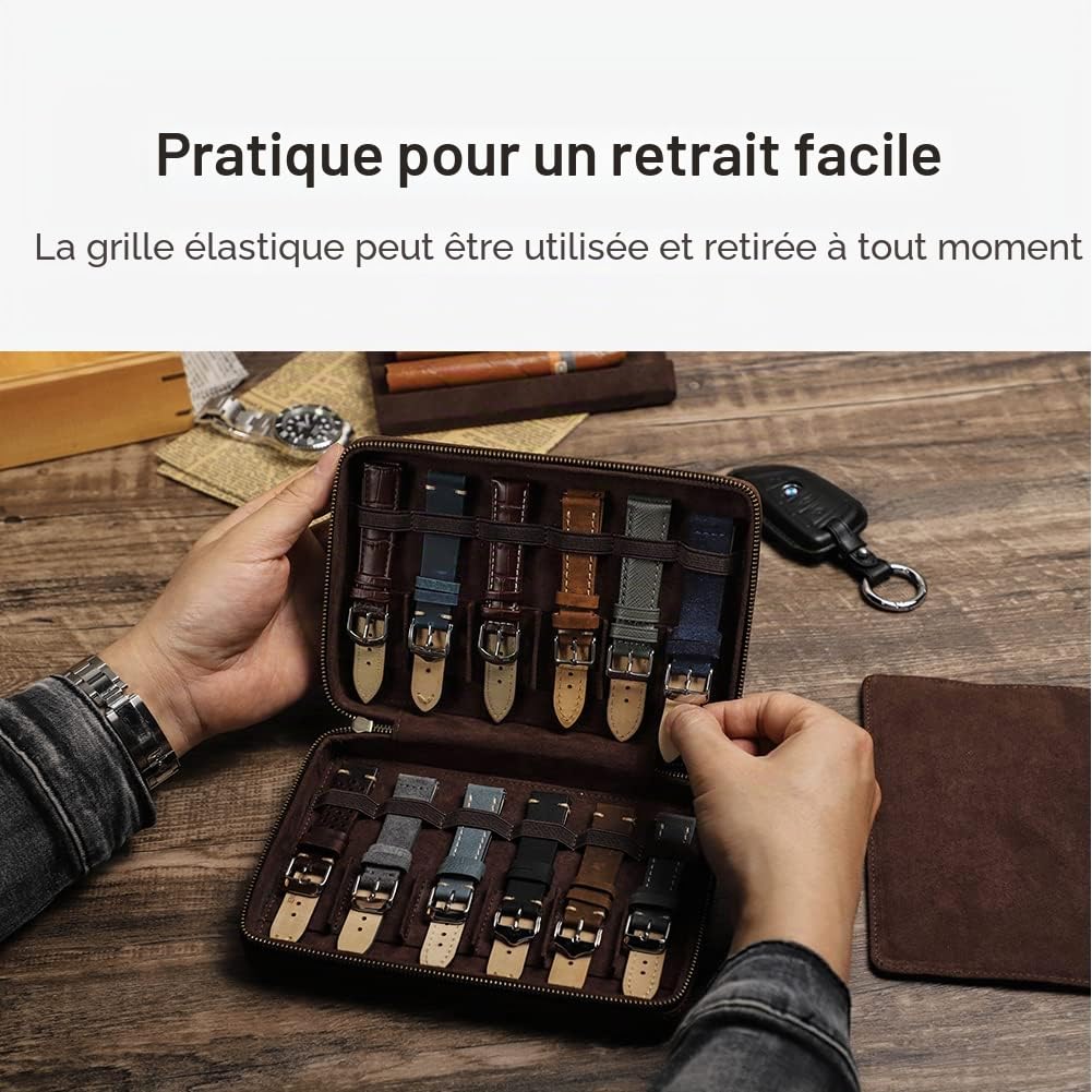 Contacts Boîte de rangement en cuir pour bracelet de montre avec fermeture éclair, peut contenir 12 bracelets de montre, sac de transport compatible avec toutes les séries de bracelets et accessoires