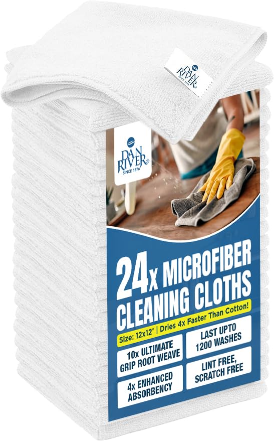 DAN RIVER 24-Pack White Microfiber Towels – Ultra Absorbent, Lint Free Towels &amp; Streak-Free for Home, Car &amp; Kitchen - Must-Have Cleaning Essentials - 12" x 12"