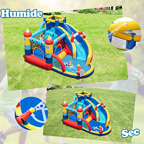 GOPLUS Inflatable Pirate Castle, with Slide, Water Gun and Trampoline, Pool and Climbing Wall, for 3-4 Children 3-12 Years Up to 120 kg, 360 x 290 x 200 cm (Pirate+450 W Inflator)
