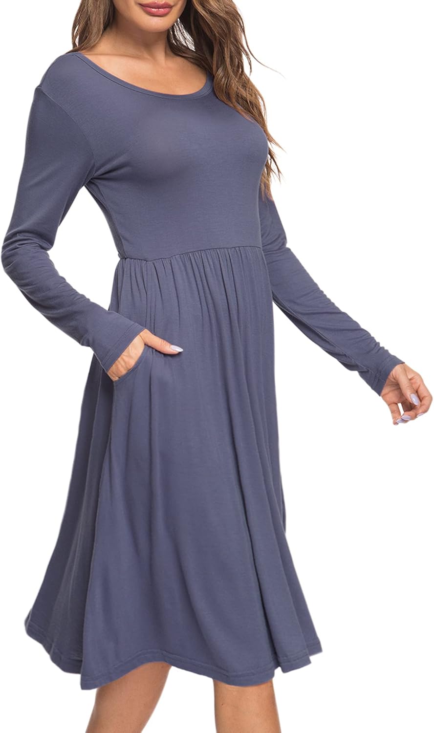 AUSELILY Women Long Sleeve Dresses Round Neck Casual Spring Swing Dress with Pockets - Image 3