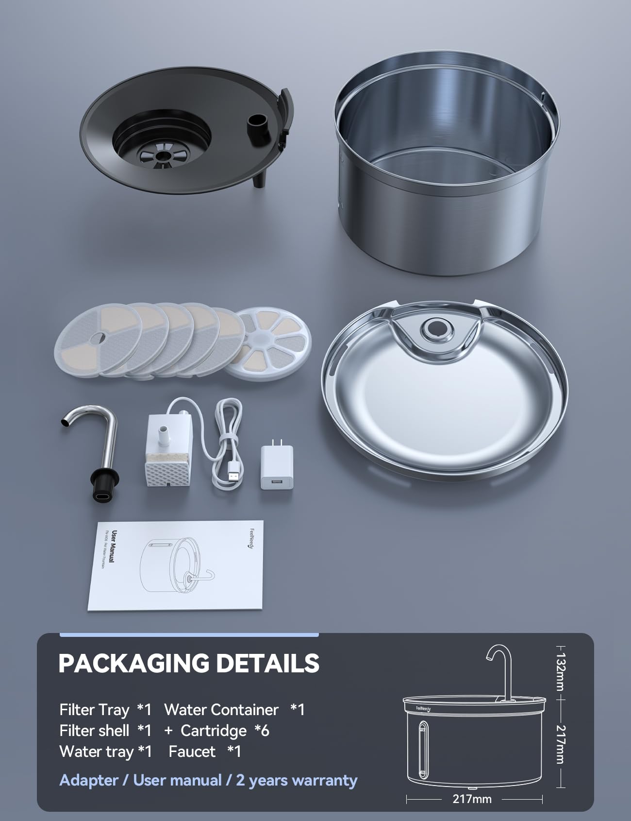 Fontanella Per Gatti In Acciaio Inox FEELNEEDY - Fontana 3,5L, Ultra Silenziosa, Filtrazione a 3 Stadi, Include 6 Set Filtri + Alimentatore USB